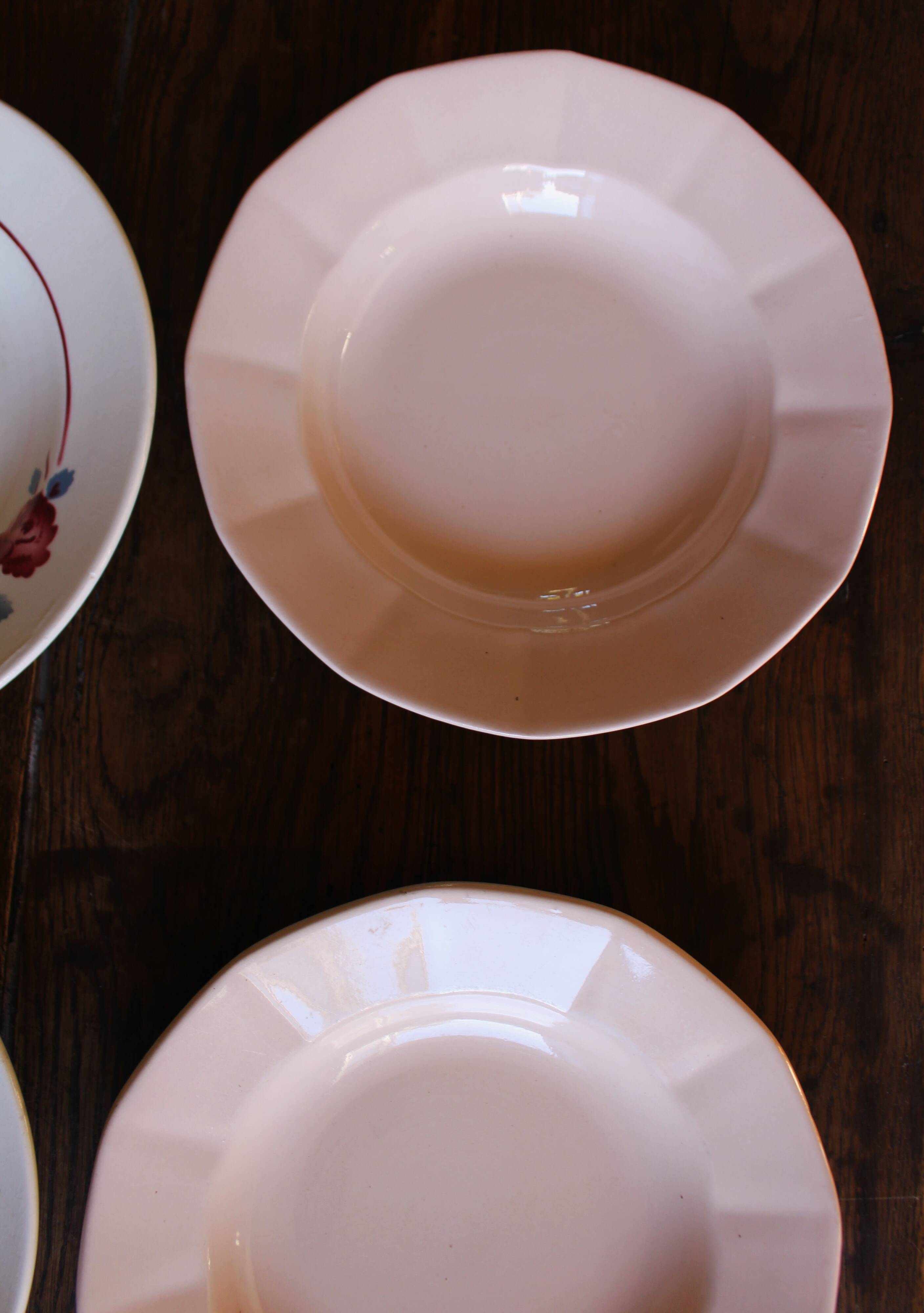 6 mismatched pink deep plates Digoin Badonviller Art Deco