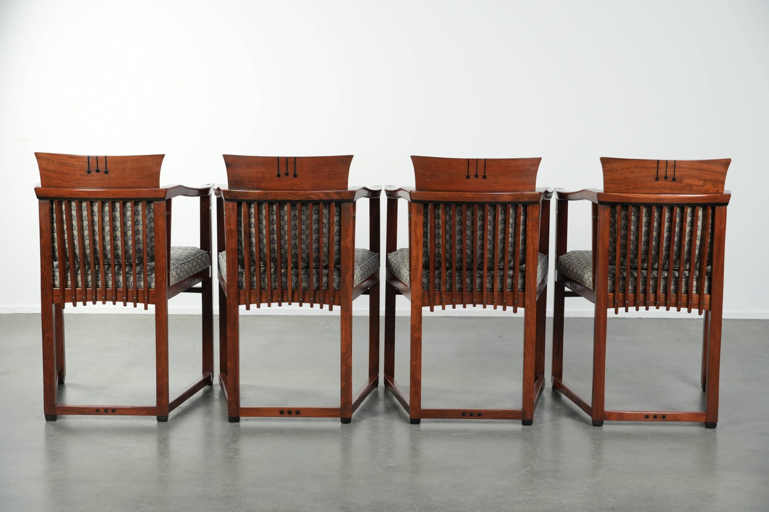 In very good condition Art Deco design dining chairs with fabric upholstery