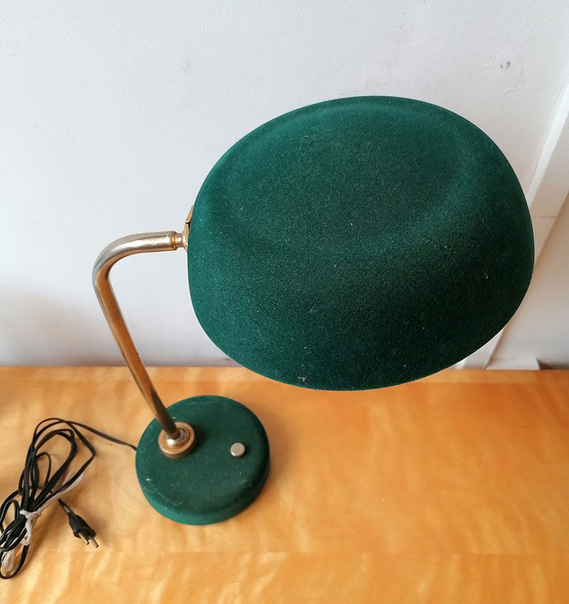 Bottle green velvet lay lamp, brass foot, 1960