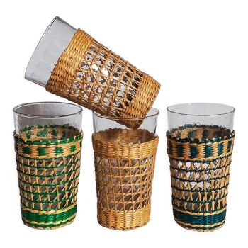 Four long drink glasses in vintage woven rattan cases