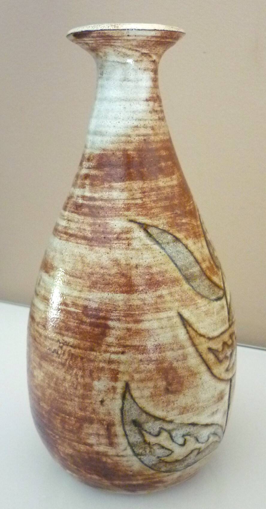 Glazed ceramic drop vase, signed Michel Argans, leaf decoration