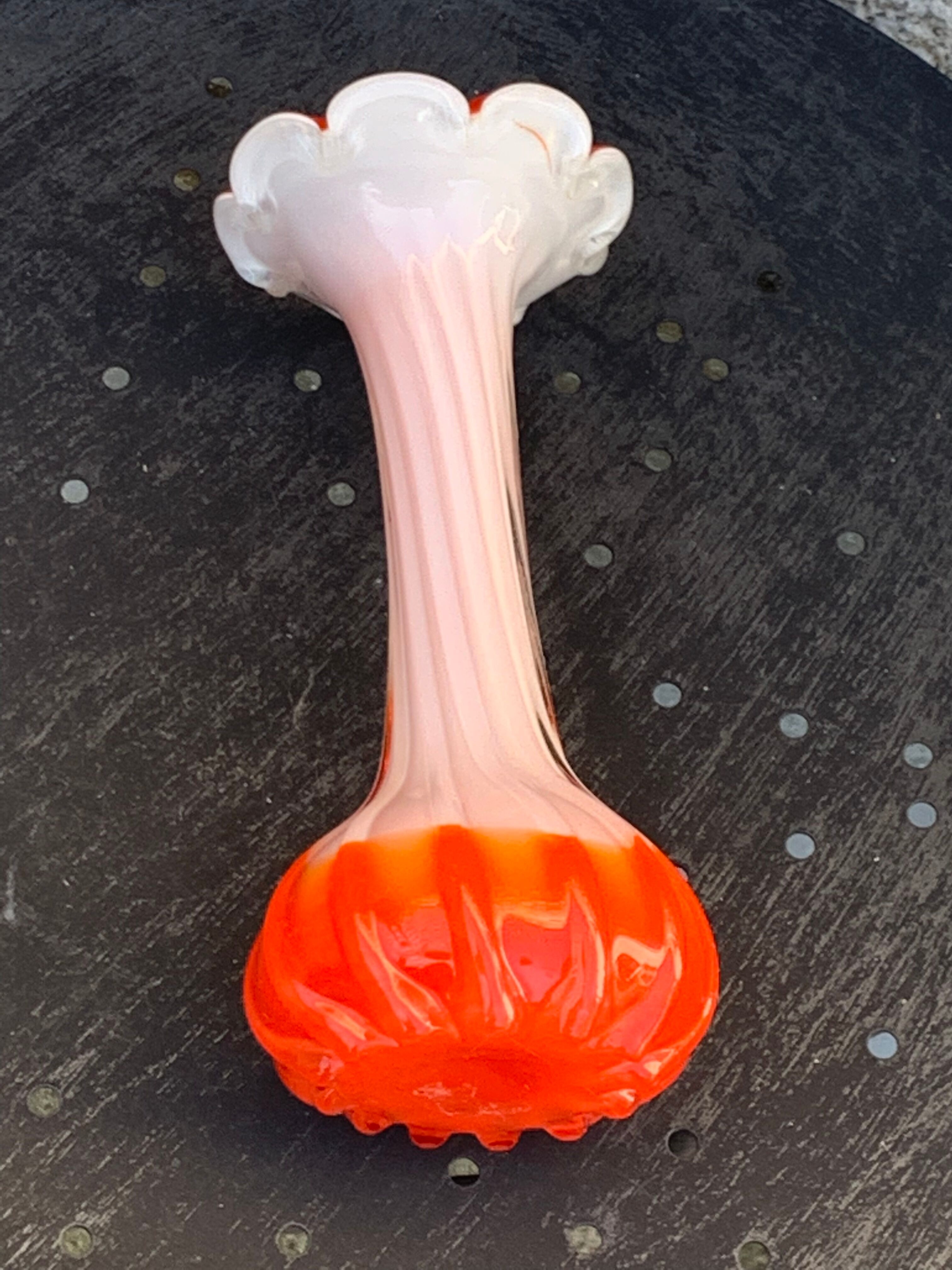 Orange and white opaline vase in the shape of a vintage flower corolla