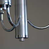 Chandelier in aluminum and chrome metal tulip white striated glass 1970 seventies