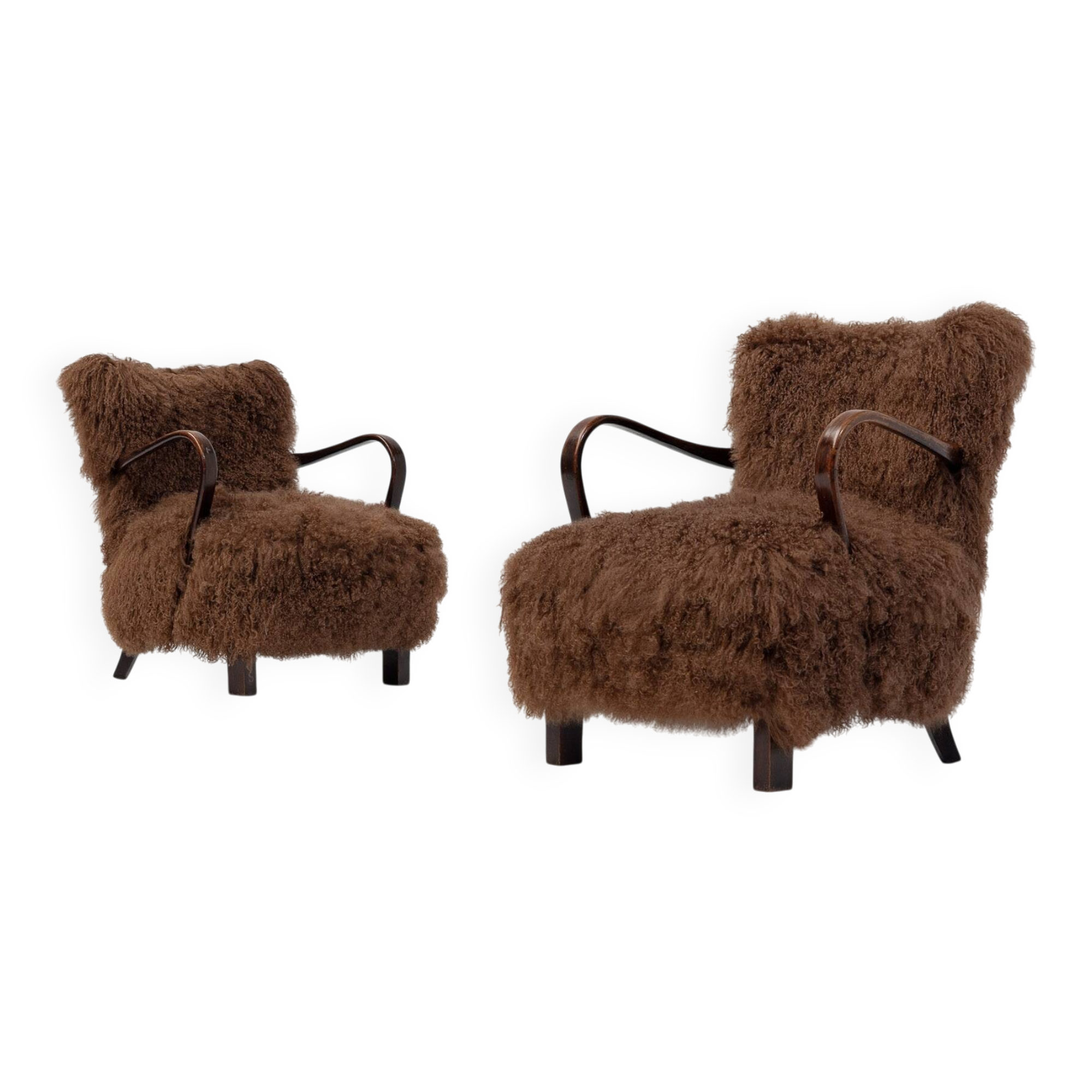 Caramel Scandinavian Art Deco Armchairs in Mongolian Sheepskin, 1950s