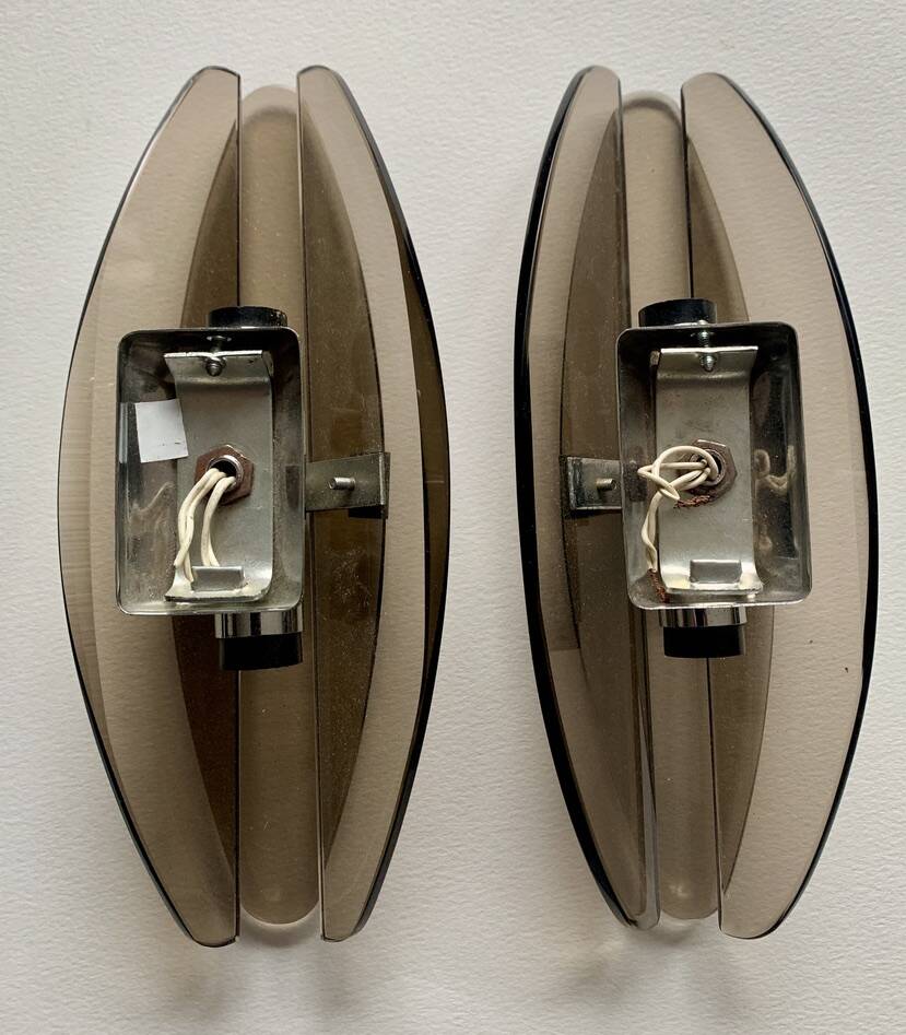 Pair of vintage wall lights 1970 smoked glass and chrome metal veca