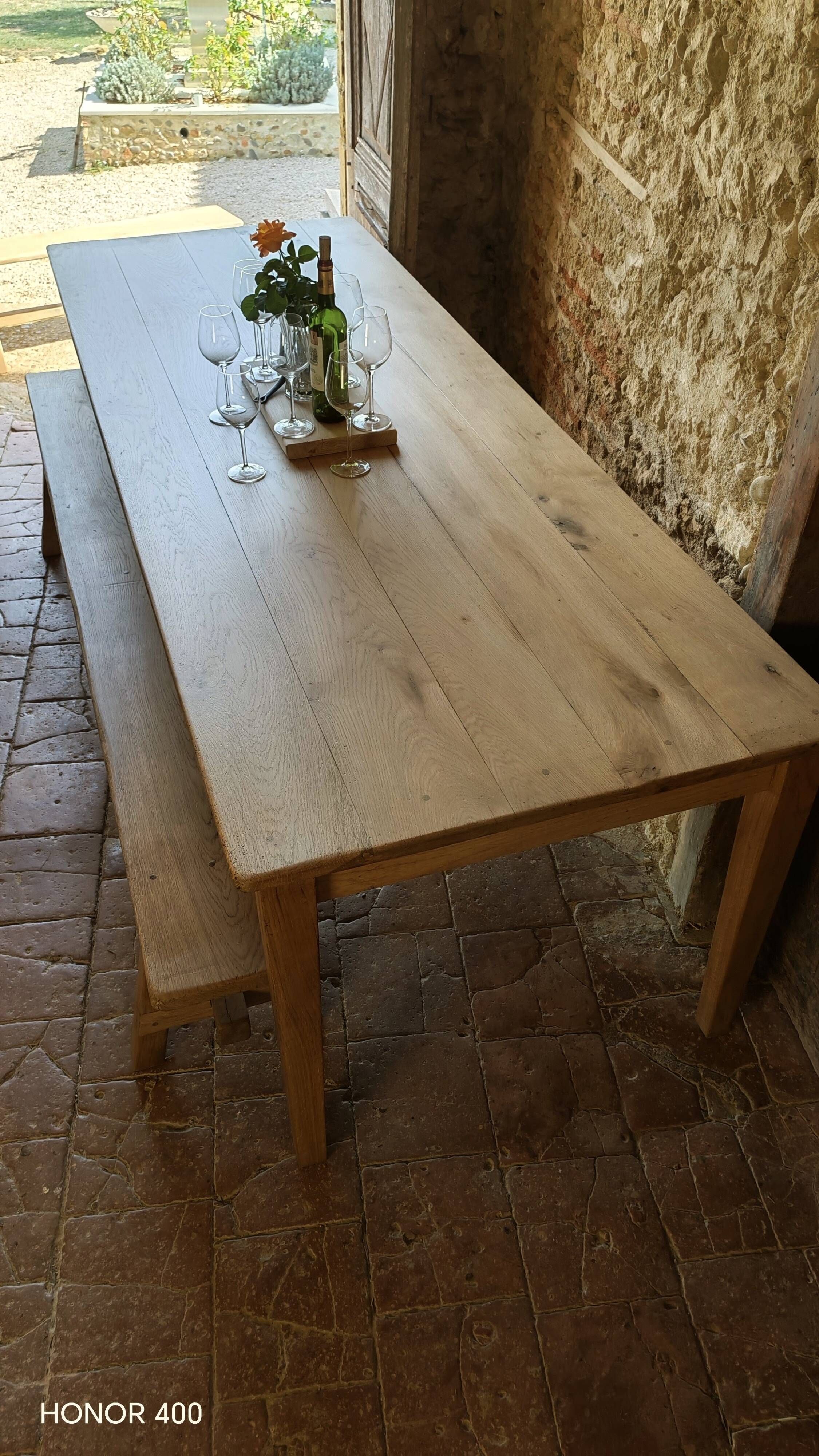 Solid oak farmhouse table "raw" 247x89, "chocolate oak" top