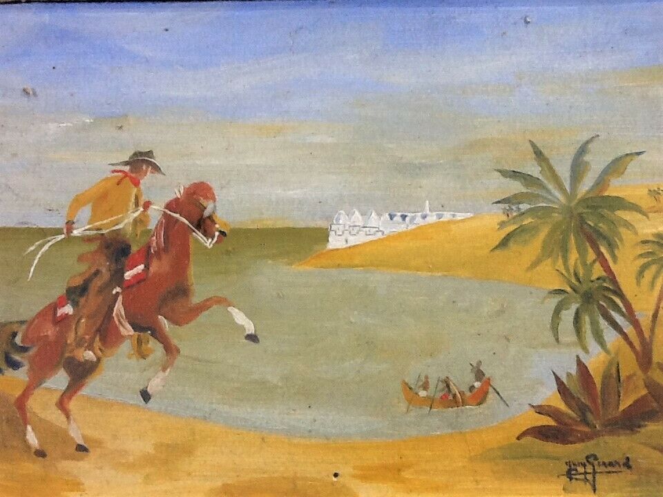 Oil table on panel 1940s Scene Cow boy on horseback, oasis...