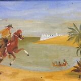 Oil table on panel 1940s Scene Cow boy on horseback, oasis...