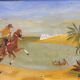 Oil table on panel 1940s Scene Cow boy on horseback, oasis...