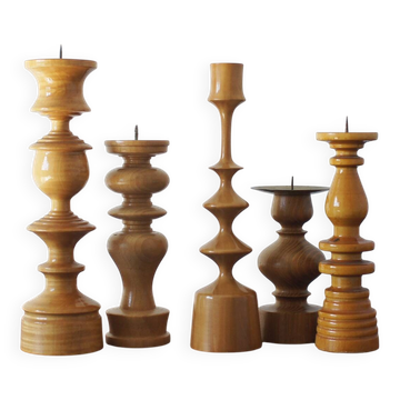 Scandinavian Wooden Candleholders, Set of 5