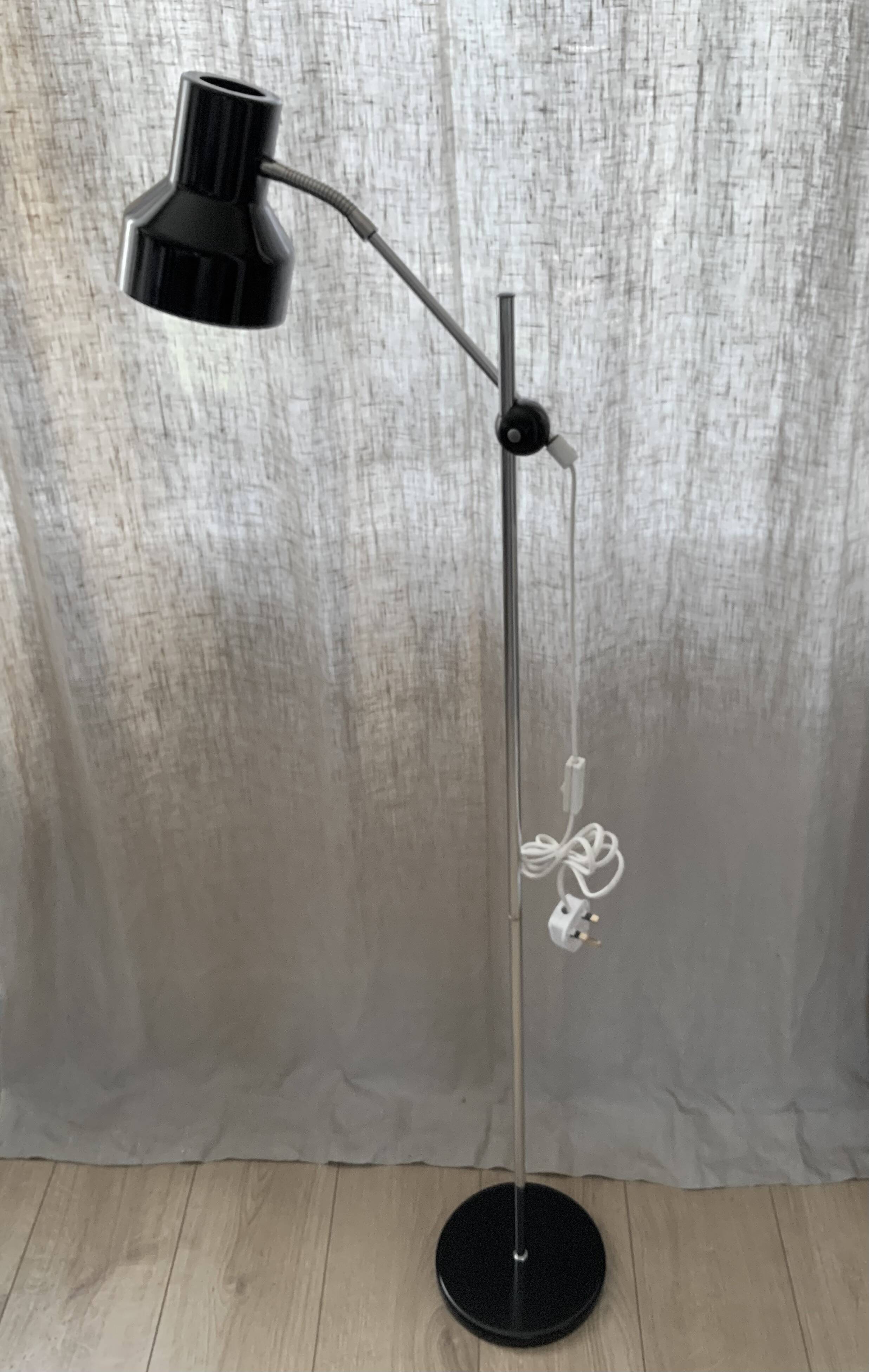 Lampadaire de lecture vintage rétro, noir, acier, Suède, années 1960