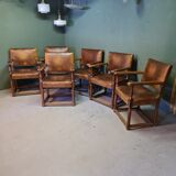 6 Oak Armchairs With Leather, Mid 20th Century