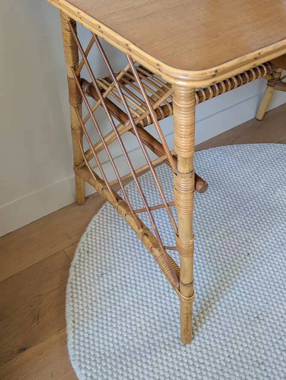 Vintage wood and rattan desk by L. Sognot