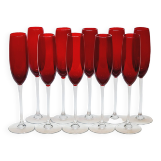 10 champagne flutes in ruby red blown glass
