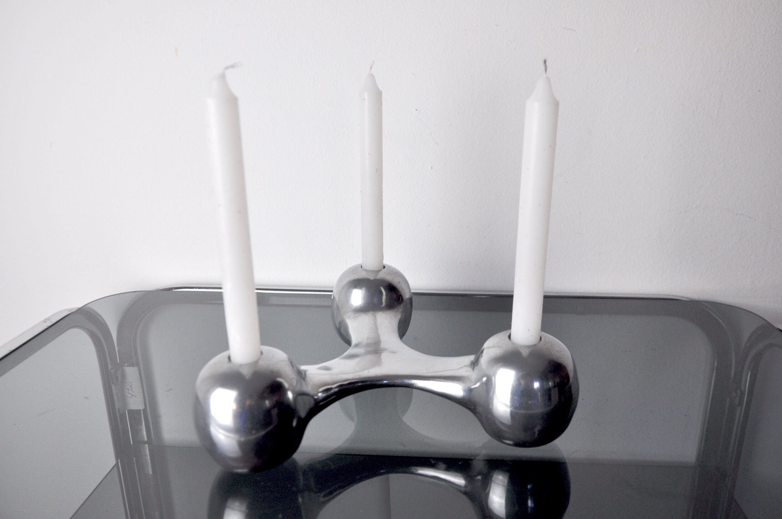 Scandinavian Boomerang candle holders, aluminium, Denmark, 1970
