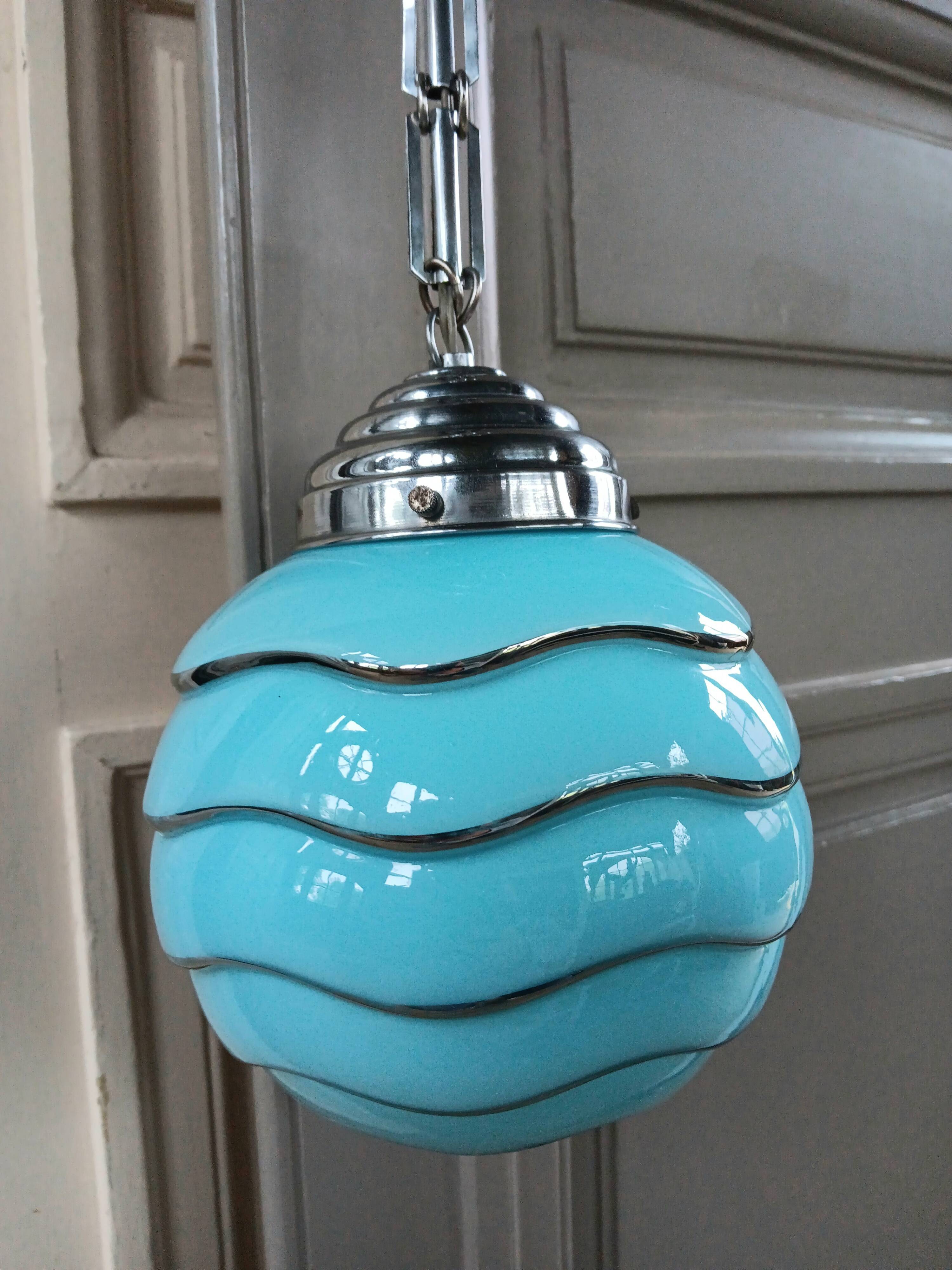 Bauhaus pendant light, blue and silver glass globe