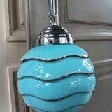 Bauhaus pendant light, blue and silver glass globe