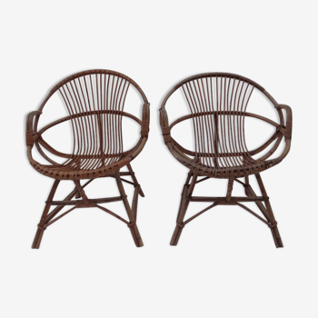 Pair 60s rattan armchairs