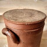 Brown enamelled stoneware pot and lid