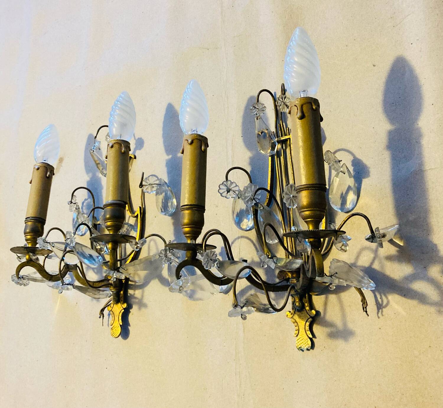 19th century Lyres wall lights in bronze, brass and glass pendants