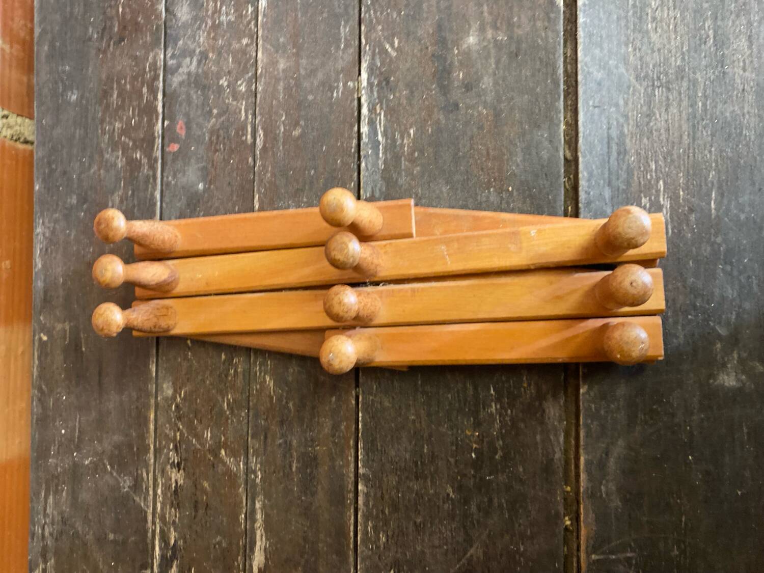 Vintage Wall-Mounted Extendable Coat Rack x10 Wooden Hooks