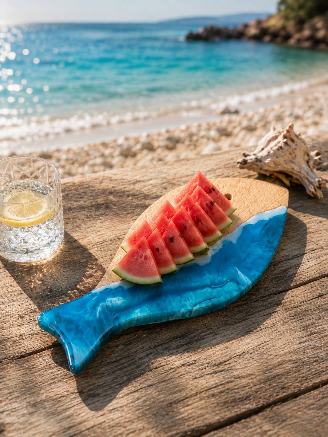 Wave-shaped serving board for fish