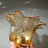 Amber tulip glass portable lamp, golden braided cord.