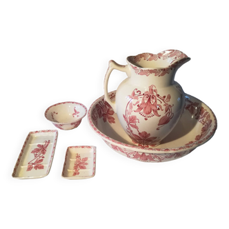 Toilet service pitcher and pink earthenware basin