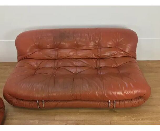 Pair of Soriana sofas by Tobia Scarpa, 2 seats, in cognac leather, for Cassina