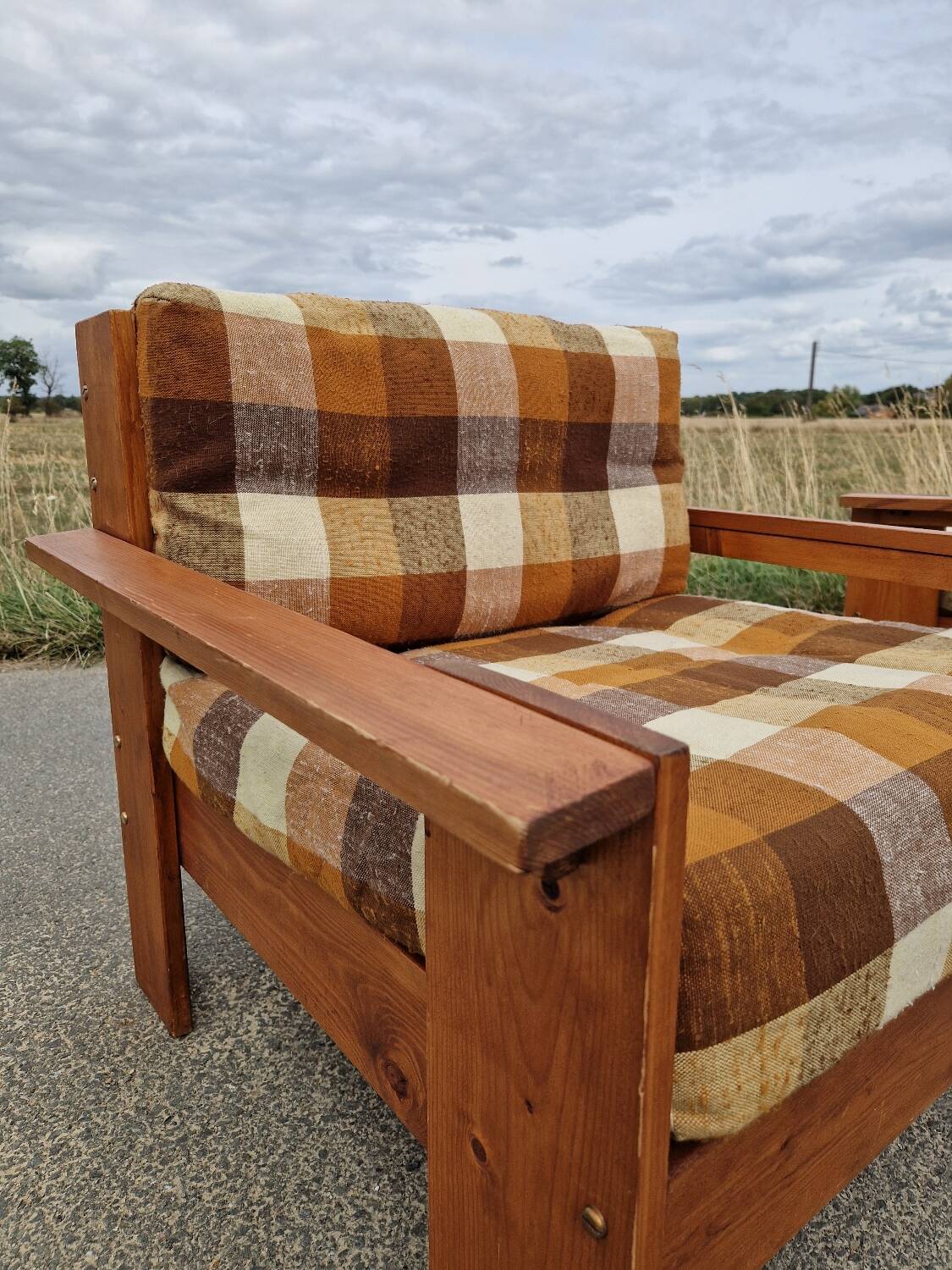 Pair of brutalist pine armchairs circa 1960
