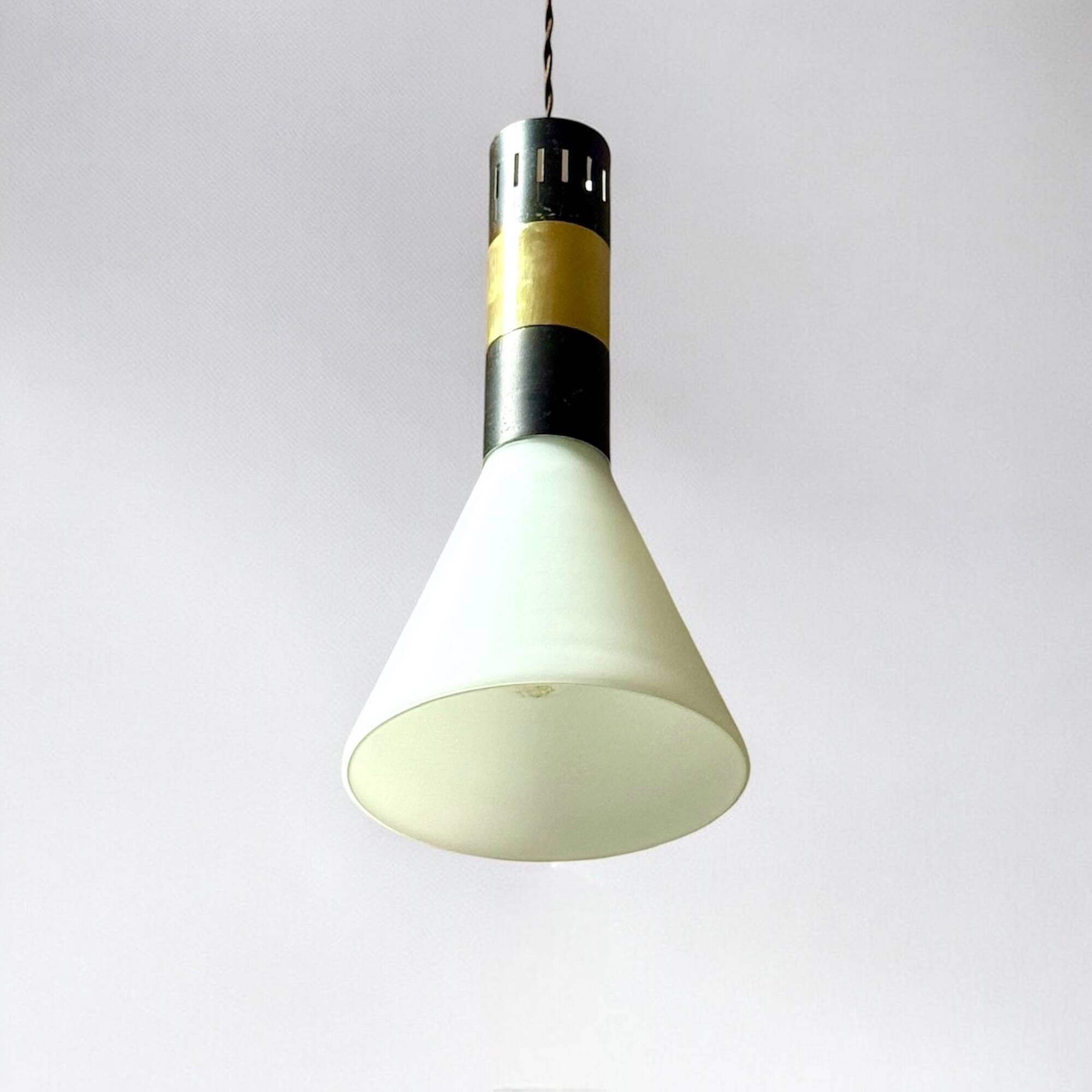 Hanging Light in Opaline Glass and Brass attributed to Stilnovo, 1950s