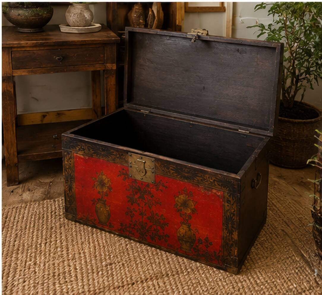 Antique Chinese Red Lacquered Trunk with Hand-Painted Floral Decorations
