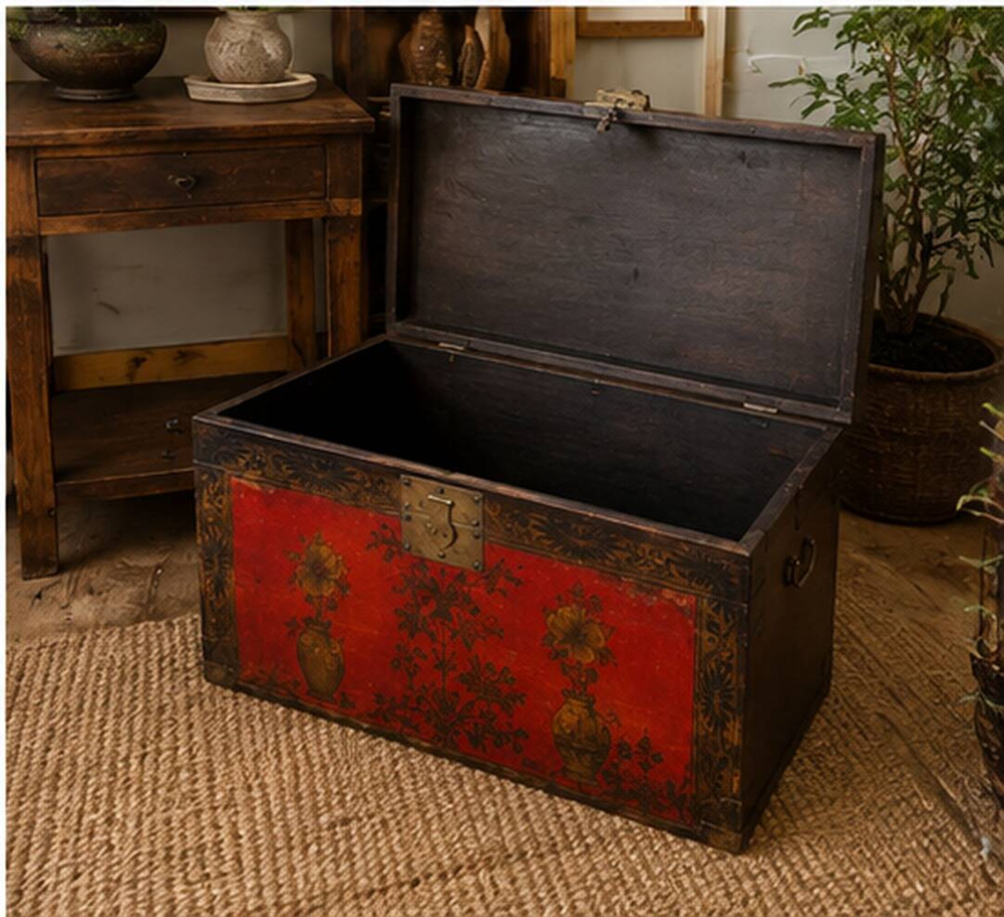 Antique Chinese Red Lacquered Trunk with Hand-Painted Floral Decorations