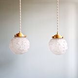 Pair of Art Deco pendant lights in transparent satin glass, 1920s-30s