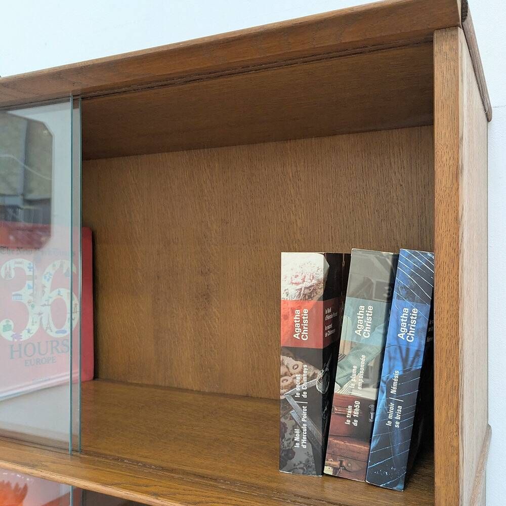 Vintage library by Didier Rozaffy for Oscar, oak and glass, 1950s.