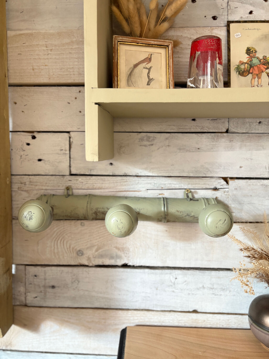 Antique coat hook, cerused green celadon