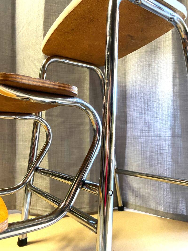 Vintage & Ancien Petit Escabeau Marchepied Tabouret 1970 Formica Bois Chrome