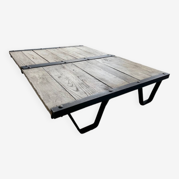 Set of two industrial steel and solid wood coffee tables