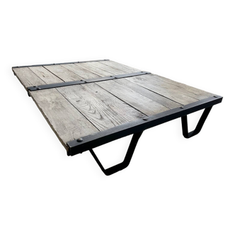 Set of two industrial steel and solid wood coffee tables