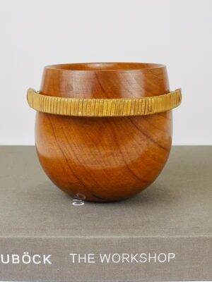 Carl Aubock sugar bowl & tongs, walnut, nickel, cane, no. 3536, 1940s