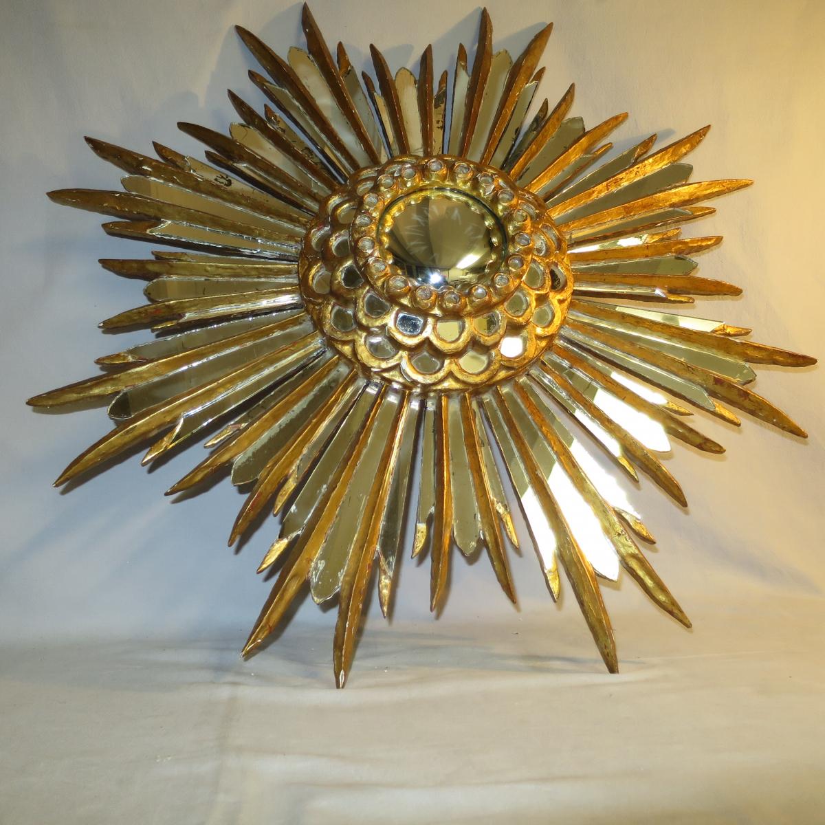 Mirror Sun bomb said "witch" 78 cm wood Golden early 20th