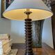 Sculpted wooden lamp, 2 m fabric cable, cotton shade.