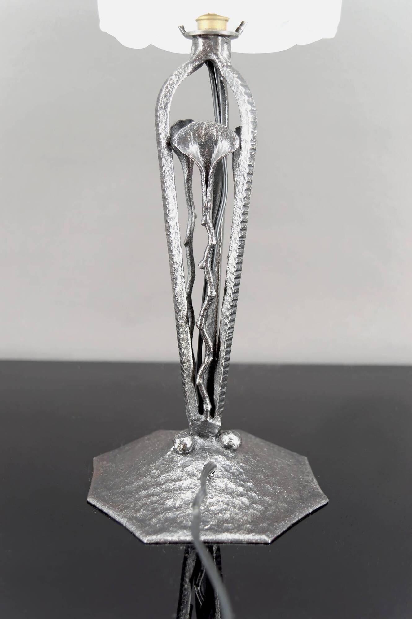 Art Deco Wrought Iron Lamp, Floral Tulip signed Degué, France, c. 1930