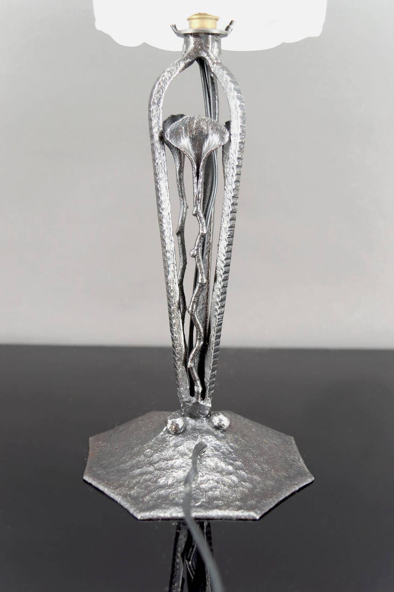 Art Deco Wrought Iron Lamp, Floral Tulip signed Degué, France, c. 1930