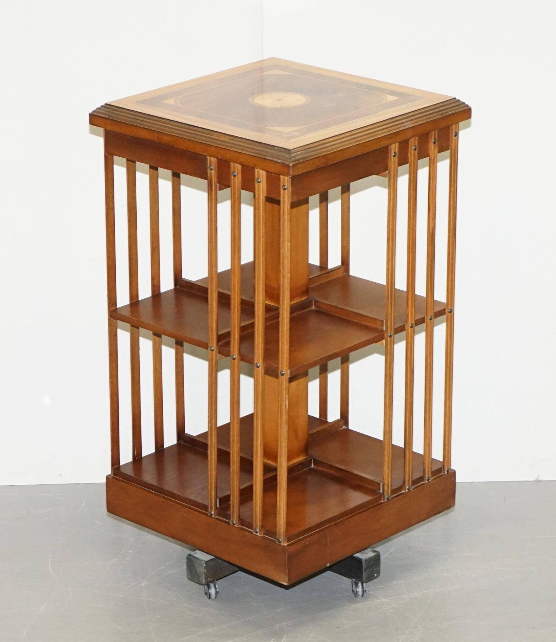 Edwardian revolving library in burl walnut with Sheraton inlay circa 1900