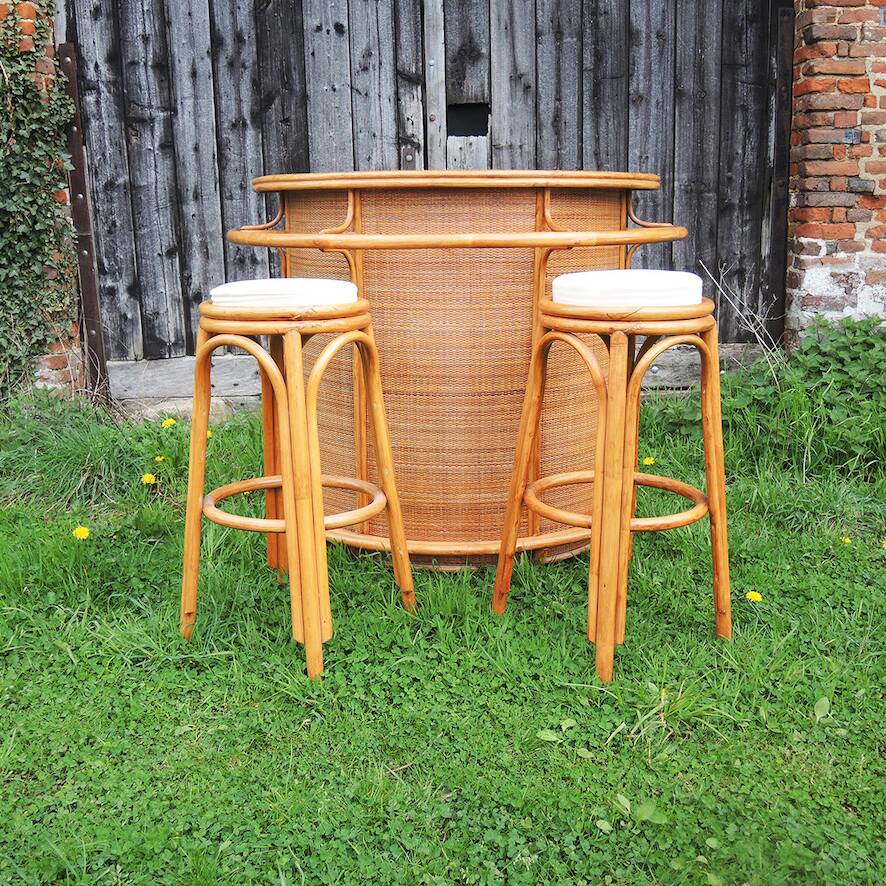 Old Rattan Bar with 2 Matching Stools