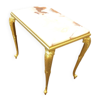 Table basse rectangulaire ancienne, en bronze doré ; plateau en onyx marbré