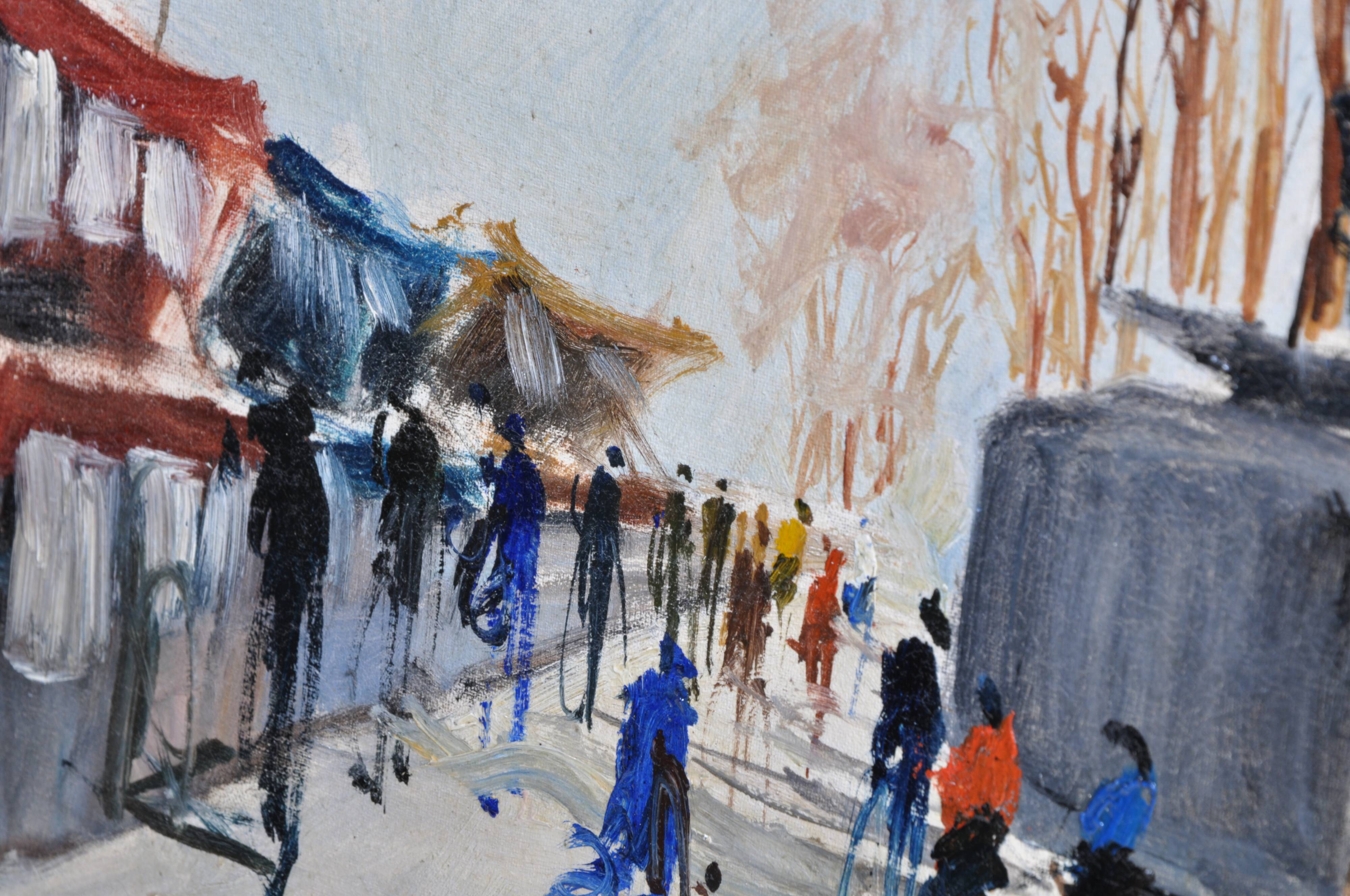 Oil painting of booksellers on the quays of Paris, 1948