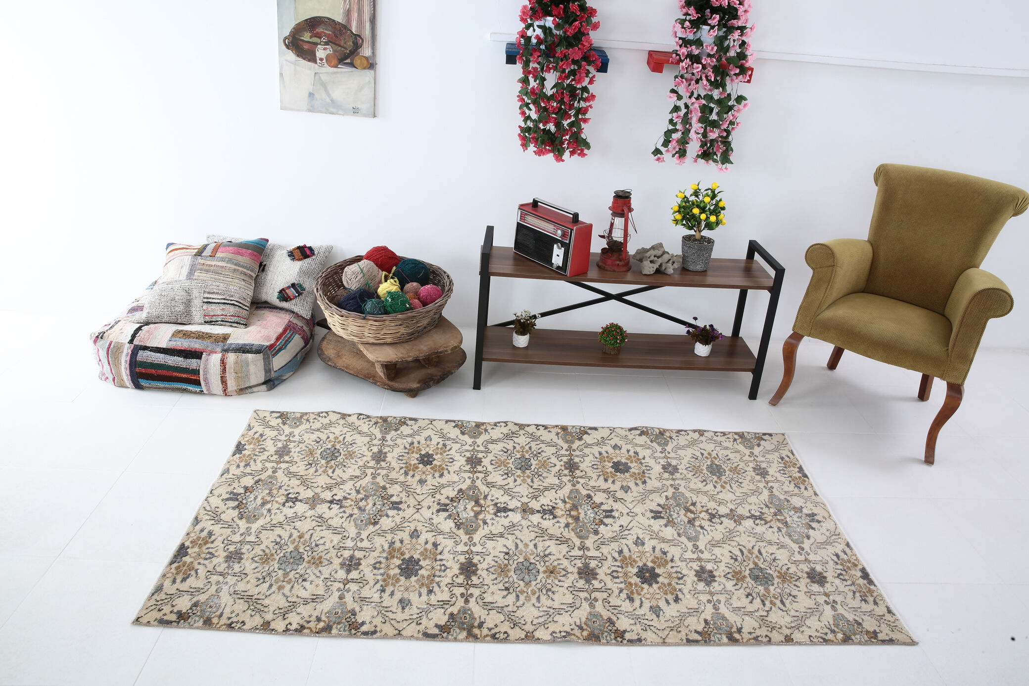Dark gray & beige vintage rug, 206x102 cm