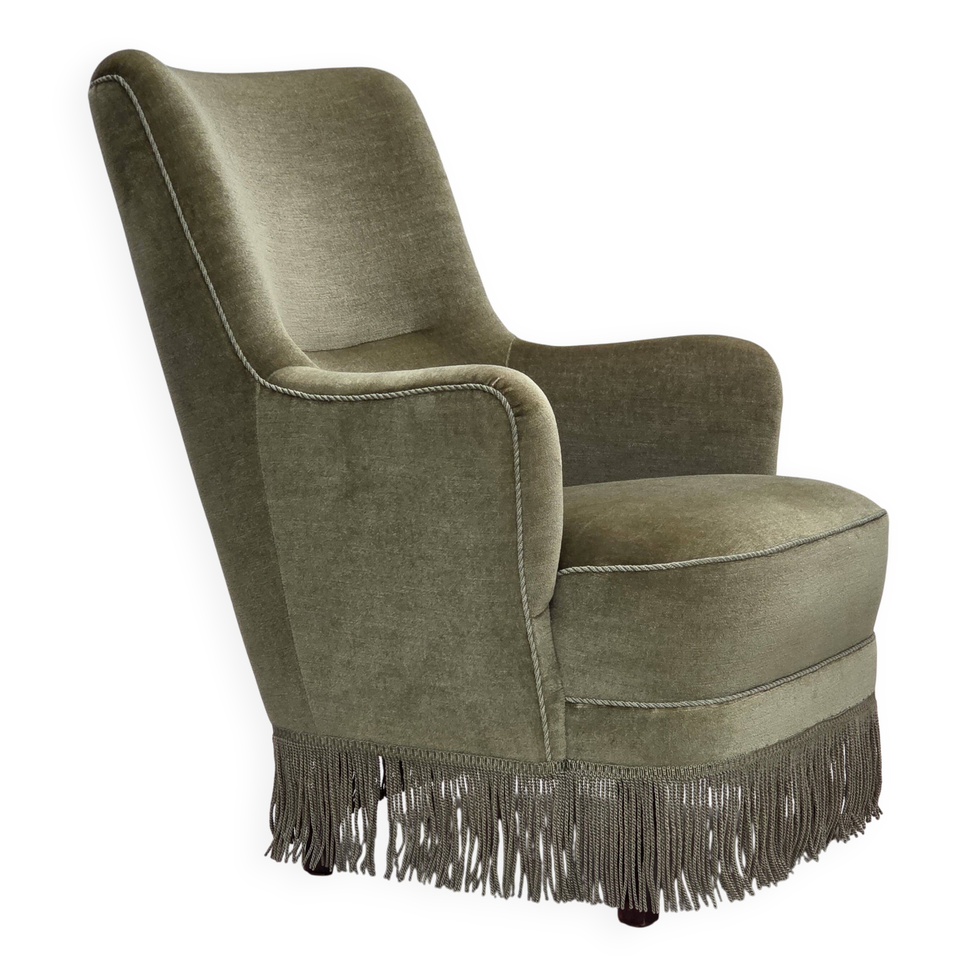 1970s, Danish highback armchair, green furniture velour.